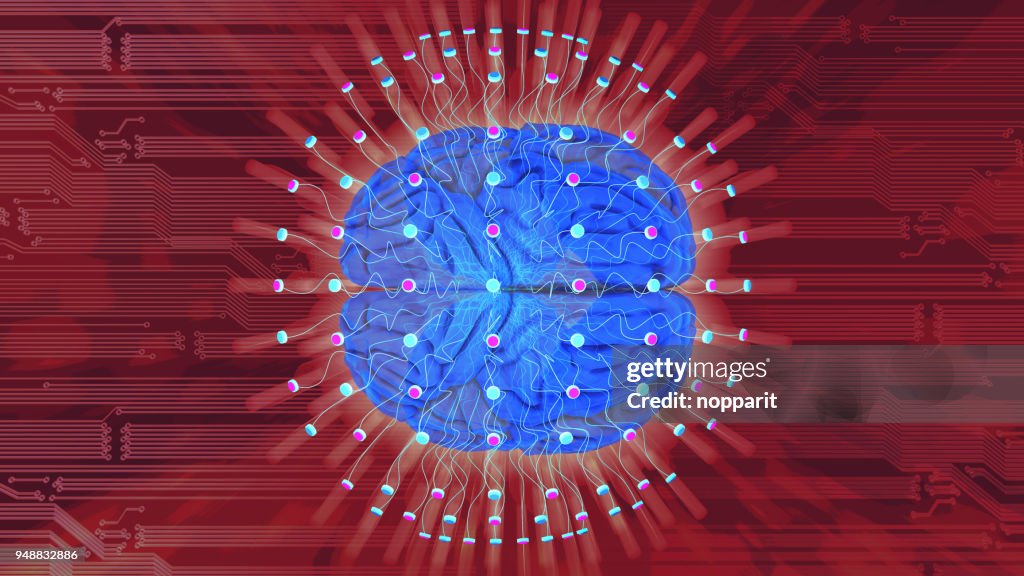 Human brain on technology background