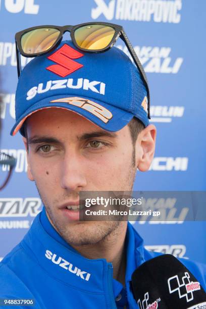 Alex Rins of Spain and Team Suzuki ECSTAR speaks with journalists in paddock during the MotoGp Red Bull U.S. Grand Prix of The Americas - Previews at...