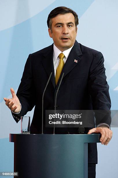 Mikheil Saakashvili, Georgia's president, speaks during a news conference with Angela Merkel, Germany's chancellor, in Berlin, Germany, on Wednesday,...