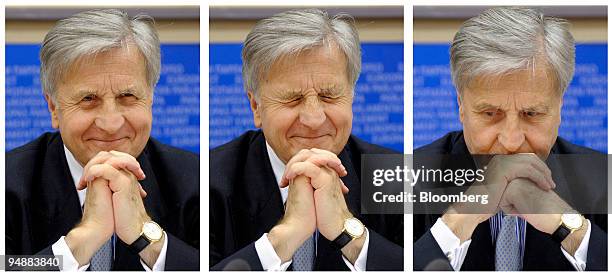 In this combination image, Jean-Claude Trichet, president of the European Central Bank, addresses the Monetary Affairs Committee at the European...