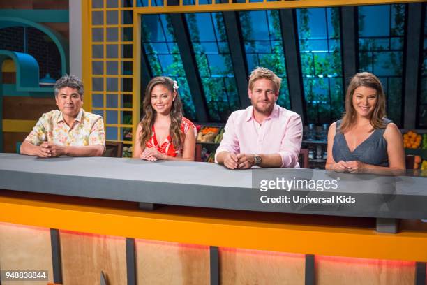 Episode 112 -- Pictured: Guest Judge Roy Yamaguchi, Host Vanessa Lachey, Head Judge Curtis Stone, Guest Judge Gail Simmons --