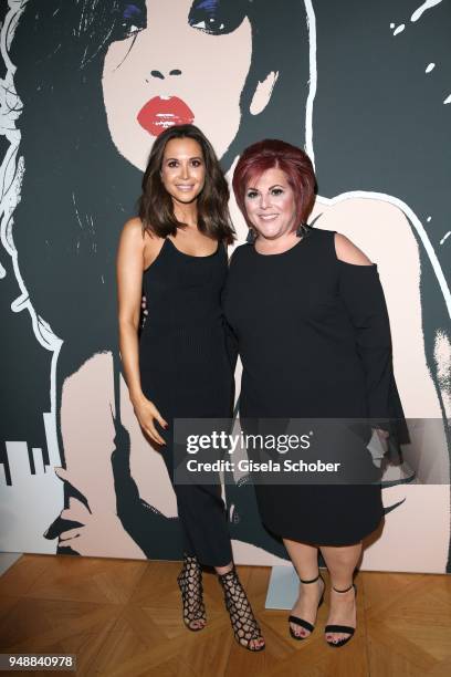 Mandy Grace Capristo and Annette Goldstein, Marketing Director Kiss, during the Kiss New York launch at Kustermann Kochschule on April 19, 2018 in...