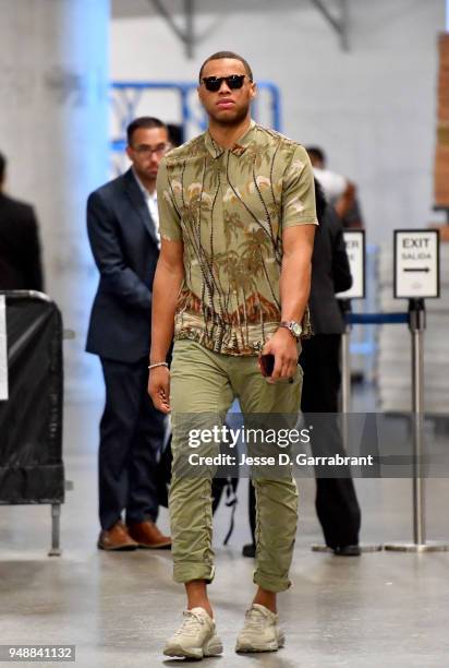 Justin Anderson of the Philadelphia 76ers enters the arena before the game against the Miami Heat in Game Three of Round One of the 2018 NBA Playoffs...