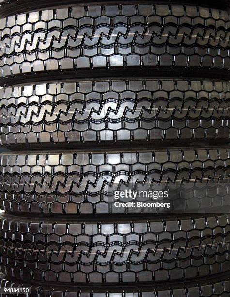 Bridgestone Corp. Retread tires are stacked at Bridgestone TRK Co.'s Kazo plant in Kazo City, Saitama Prefecture, Japan, on Friday, June 20, 2008....