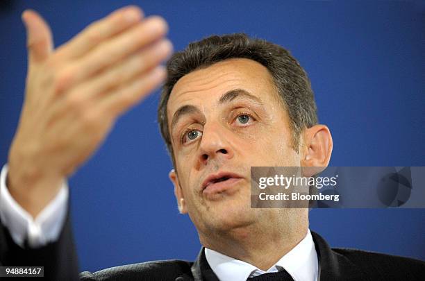 Nicolas Sarkozy, president of France, speaks during a late night news conference following the first day of the European Summit, in Brussels,...