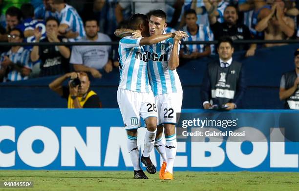 Ricardo Centurión of Racing Club celebrates with teammate Federico Zaracho their team's first goal during a match between Racing Club and Vasco da...