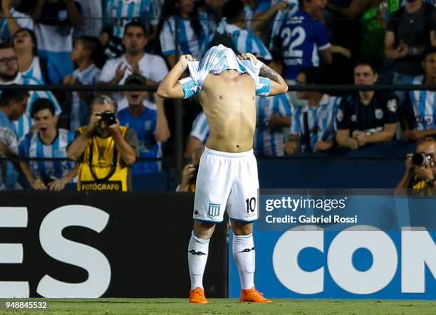 Lautaro Martínez of Racing Club celebrate after scoring his team's second goal during a match between Racing Club and Vasco da Gama as part of Copa...