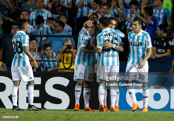 Lautaro Martínez of Racing Club and teammates celebrate their team's second goal during a match between Racing Club and Vasco da Gama as part of Copa...