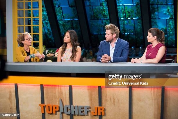 Episode 113 -- Pictured: Guest Judge Susan Feniger, Host Vanessa Lachey, Head Judge Curtis Stone, Guest Judge Gail Simmons --