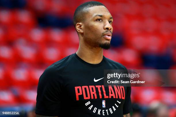 Damian Lillard of the Portland Trail Blazers stands on the court prior to playing the New Orleans Pelicans during Game Three of the Western...