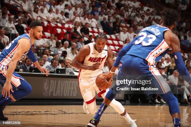 Josh Richardson of the Miami Heat handles the ball against the Philadelphia 76ers in Game Three of Round One of the 2018 NBA Playoffs on April 19,...