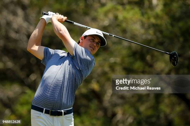 Cody Gribble plays his shot from the fifth tee during the first round of the Valero Texas Open at TPC San Antonio AT&T Oaks Course on April 19, 2018...