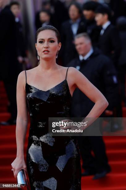 Actress Renata Piotrovski poses on the red carpet during the opening ceremony of the 40th Moscow International Film Festival at the Rossiya Theatre...