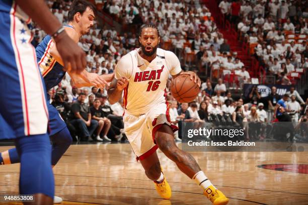 James Johnson of the Miami Heat handles the ball against the Philadelphia 76ers in Game Three of Round One of the 2018 NBA Playoffs on April 19, 2018...