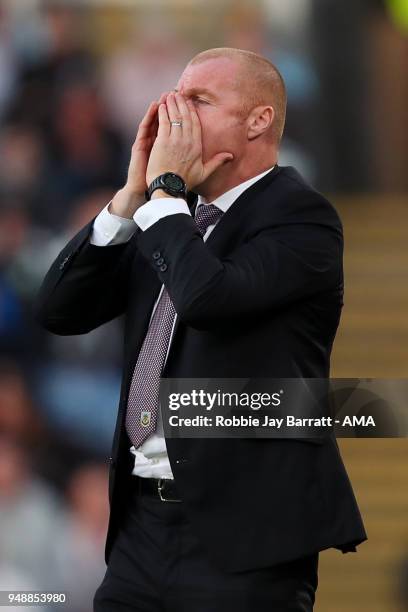 Sean Dyche manager / head coach of Burnley during the Premier League match between Burnley and Chelsea at Turf Moor on April 19, 2018 in Burnley,...