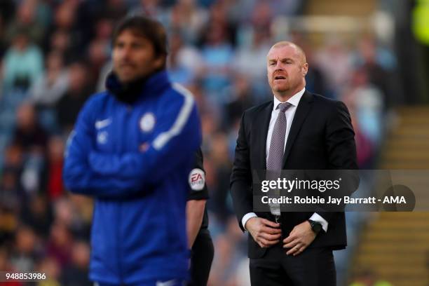 Sean Dyche manager / head coach of Burnley during the Premier League match between Burnley and Chelsea at Turf Moor on April 19, 2018 in Burnley,...