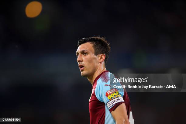 Jack Cork of Burnley during the Premier League match between Burnley and Chelsea at Turf Moor on April 19, 2018 in Burnley, England.
