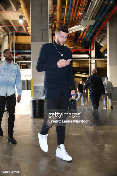 Jusuf Nurkic of the Portland Trail Blazers arrives at the stadium before the game against the New Orleans Pelicans in Game Three of Round One of the...