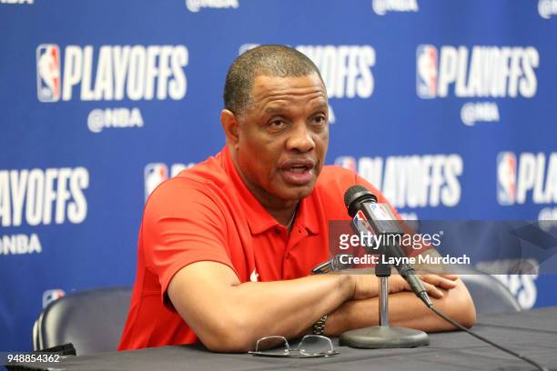 Head Coach Alvin Gentry of the New Orleans Pelicans speaks with the media before the game against the Portland Trail Blazers in Game Three of Round...