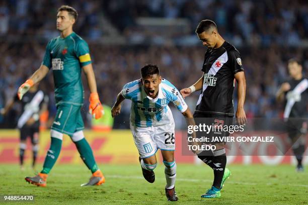 Argentina's Racing Club midfielder Matias Zaracho , celebrates after scoring against Brazil's Vasco da Gama, during the Copa Libertadores group E...