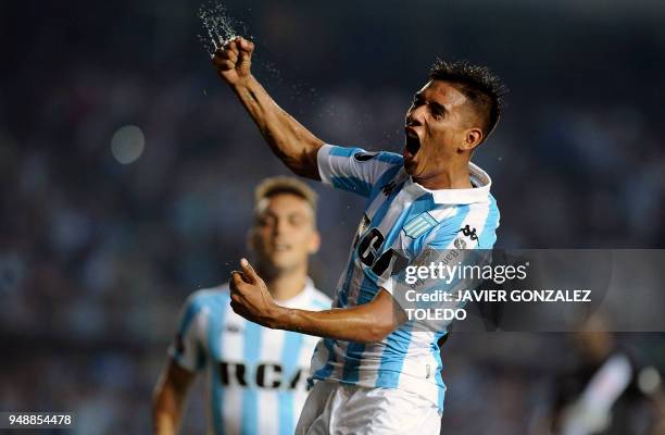 Argentina's Racing Club midfielder Matias Zaracho, celebrates after scoring against Brazil's Vasco da Gama, during the Copa Libertadores group E...