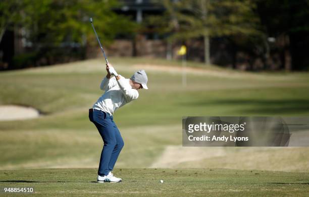 Sam Burns hits his tee shot on the 15th hole during the first round of the North Mississippi Classic at the Country Club of Oxford on April 19, 2018...