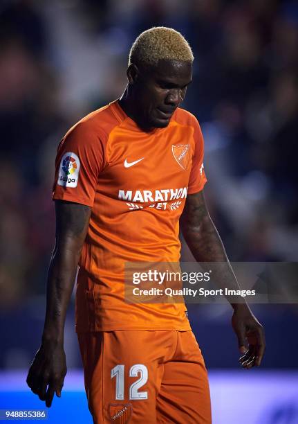 Brown Aide Ideye of Malaga reacts during the La Liga match between Levante and Malaga at Ciutat de Valencia Stadium on April 19, 2018 in Valencia,...