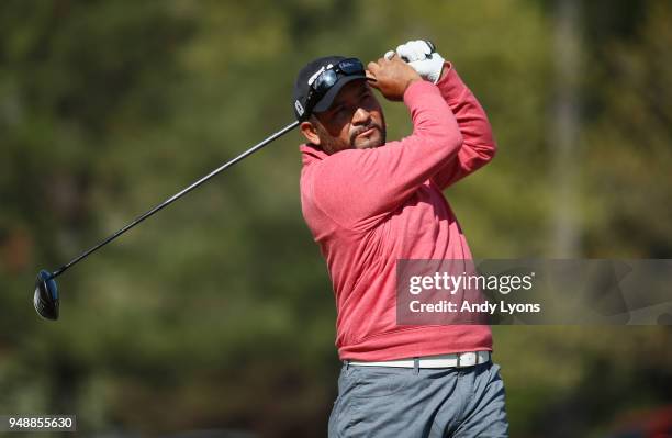 Jose de J Rodriguez of Mexico hits his tee shot on the 17th hole during the first round of the North Mississippi Classic at the Country Club of...