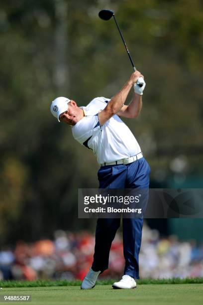 Lee Westwood of the European team tees off during a singles match against Ben Curtis of the U.S. Team on day three of the 37th Ryder Cup at Valhalla...