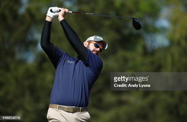 Edward Loar hits his tee shot on the 17th hole during the first round of the North Mississippi Classic at the Country Club of Oxford on April 19,...