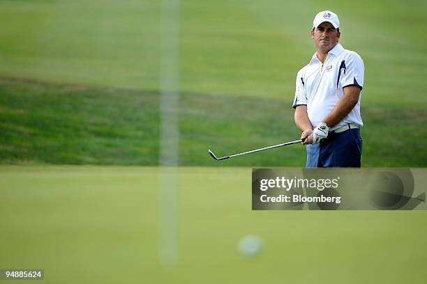 Graeme McDowell of the European team reacts after just missing the 4th hole during a singles match against Stewart Cink of the U.S. Team on day three...