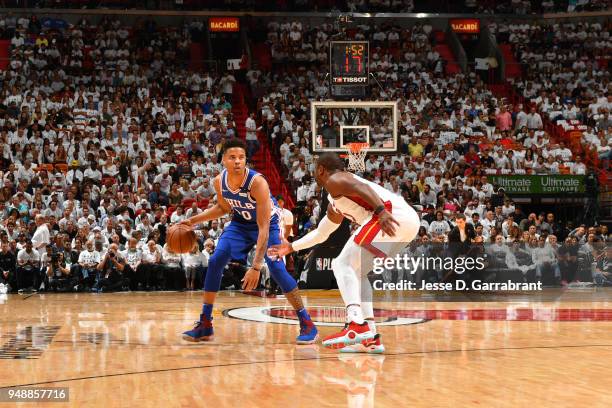 Markelle Fultz of the Philadelphia 76ers handles the ball against the Miami Heat in Game Three of Round One of the 2018 NBA Playoffs on April 19,...