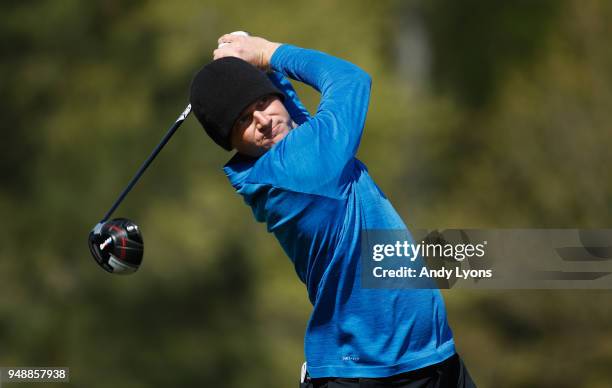 Adam Long hits his tee shot on the 17th hole during the first round of the North Mississippi Classic at the Country Club of Oxford on April 19, 2018...