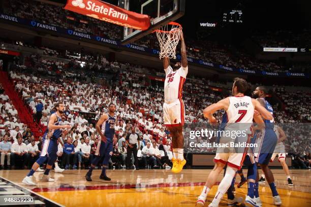 James Johnson of the Miami Heat handles the ball against the Philadelphia 76ers in Game Three of Round One of the 2018 NBA Playoffs on April 19, 2018...