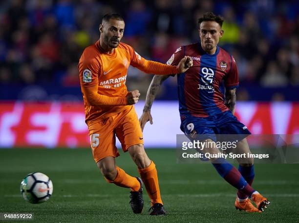 Roger of Levante competes for the ball with Medhi Lacen of Malaga during the La Liga match between Levante and Malaga at Ciutat de Valencia Stadium...