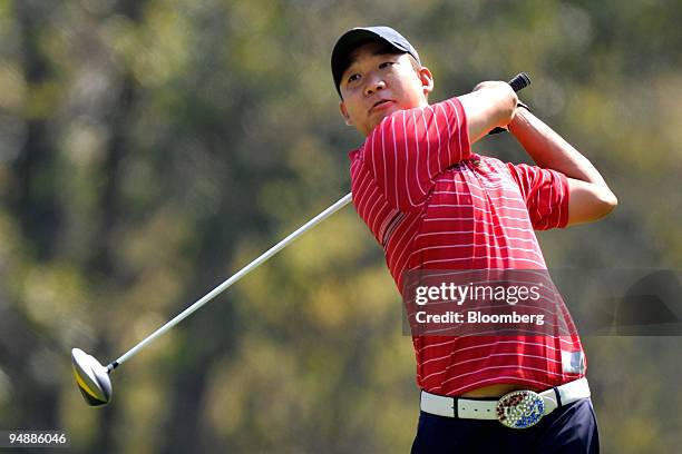 Anthony Kim of the U.S. Team tees off on the 2nd hole during a singles match against Sergio Garcia of the European team on day three of the 37th...