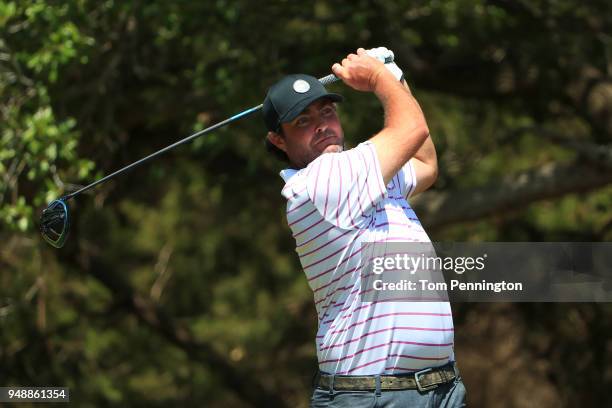 Steven Bowditch of Australia plays his shot from the 14th tee during the first round of the Valero Texas Open at TPC San Antonio AT&T Oaks Course on...