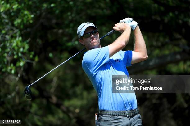 David Hearn of Canada plays his shot from the 14th tee during the first round of the Valero Texas Open at TPC San Antonio AT&T Oaks Course on April...