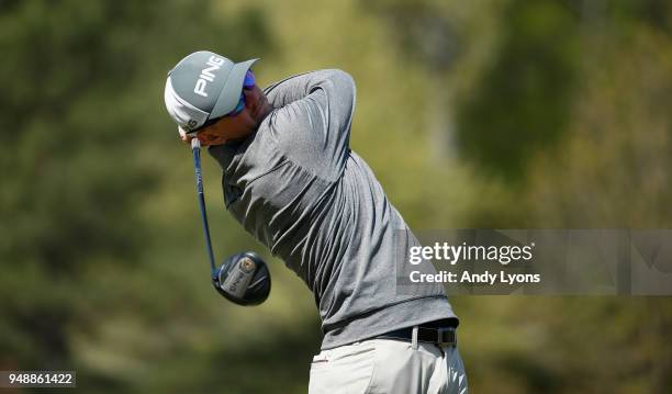 Jim Knous hits his tee shot on the 17th hole during the first round of the North Mississippi Classic at the Country Club of Oxford on April 19, 2018...