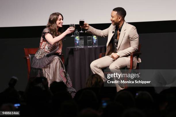 Sara Bareilles and John Legend speak onstage at "Storytellers: John Legend" during the 2018 Tribeca Film Festival at SVA Theatre on April 19, 2018 in...