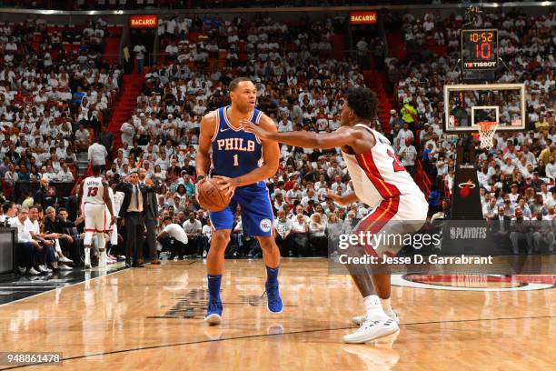 Justin Anderson of the Philadelphia 76ers handles the ball against the Miami Heat in Game Three of Round One of the 2018 NBA Playoffs on April 19,...