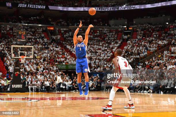 Justin Anderson of the Philadelphia 76ers shoots the ball against the Miami Heat in Game Three of Round One of the 2018 NBA Playoffs on April 19,...