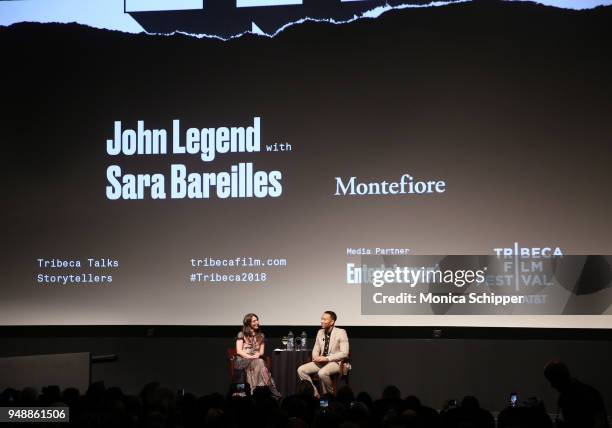 Sara Bareilles and John Legend speak onstage at "Storytellers: John Legend" during the 2018 Tribeca Film Festival at SVA Theatre on April 19, 2018 in...