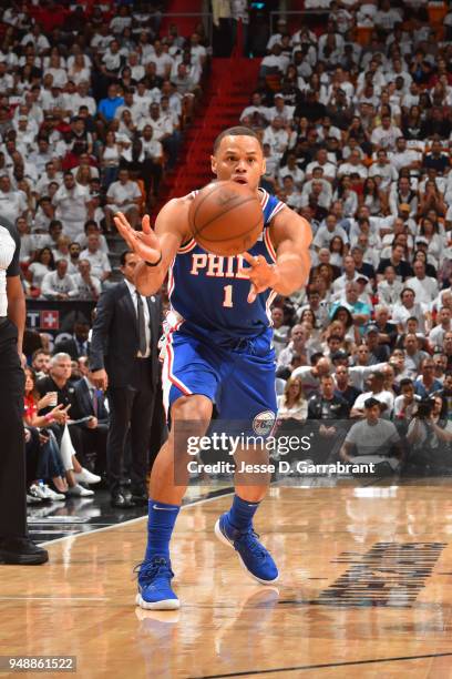 Justin Anderson of the Philadelphia 76ers passes the ball against the Miami Heat in Game Three of Round One of the 2018 NBA Playoffs on April 19,...
