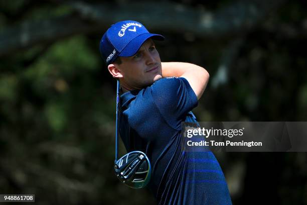 Chris Paisley of England plays his shot from the 14th tee during the first round of the Valero Texas Open at TPC San Antonio AT&T Oaks Course on...