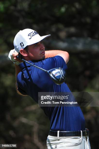 Poston plays his shot from the 14th tee during the first round of the Valero Texas Open at TPC San Antonio AT&T Oaks Course on April 19, 2018 in San...