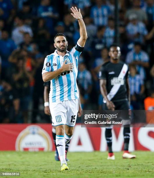 Lisandro Lopez of Racing Club celebrates after scoring his team's fourth goal via penalty during a match between Racing Club and Vasco da Gama as...