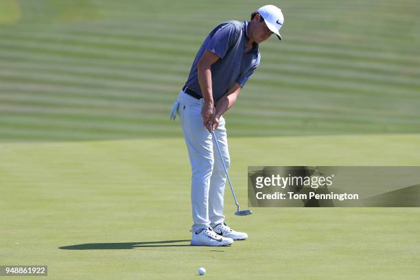 Cody Gribble putts on the eighth green during the first round of the Valero Texas Open at TPC San Antonio AT&T Oaks Course on April 19, 2018 in San...