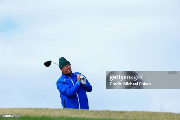 Sandy Lyle of Scotland watches his drive on the fifth hole during the first round of the PGA TOUR Champions Bass Pro Shops Legends of Golf held at...