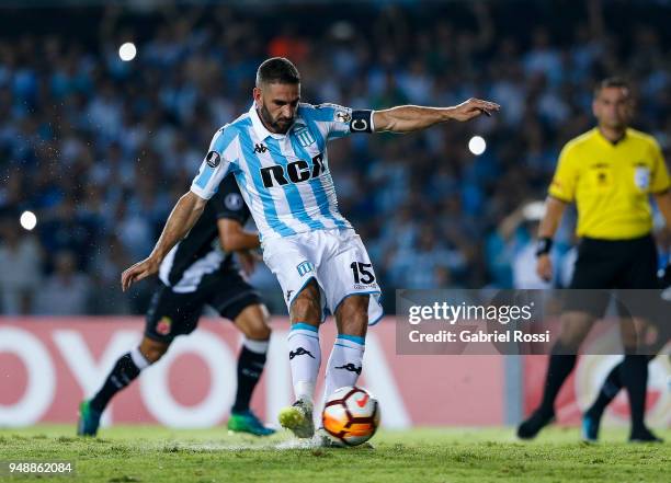 Lisandro Lopez of Racing Club kicks the penalty during a match between Racing Club and Vasco da Gama as part of Copa CONMEBOL Libertadores 2018 at...